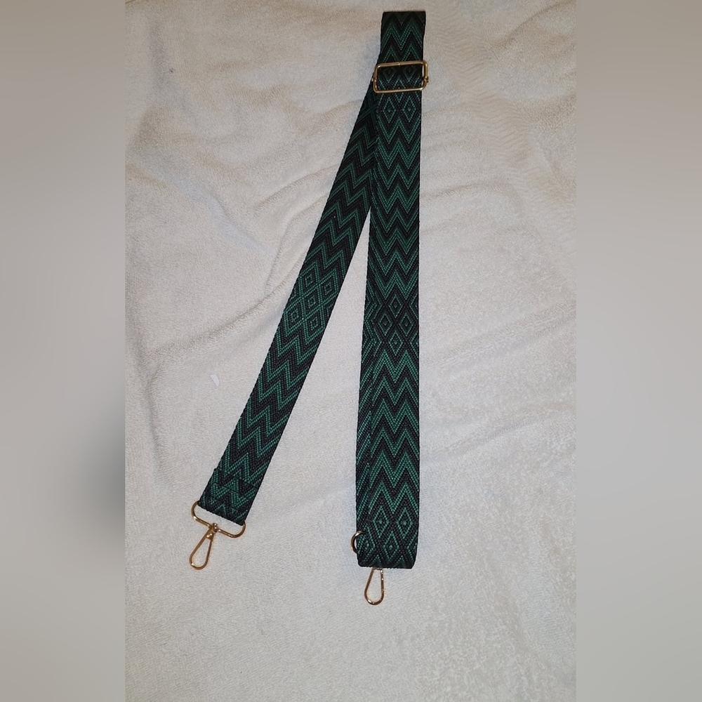 Green and Black Geometric Guitar Strap - Gold Hardware